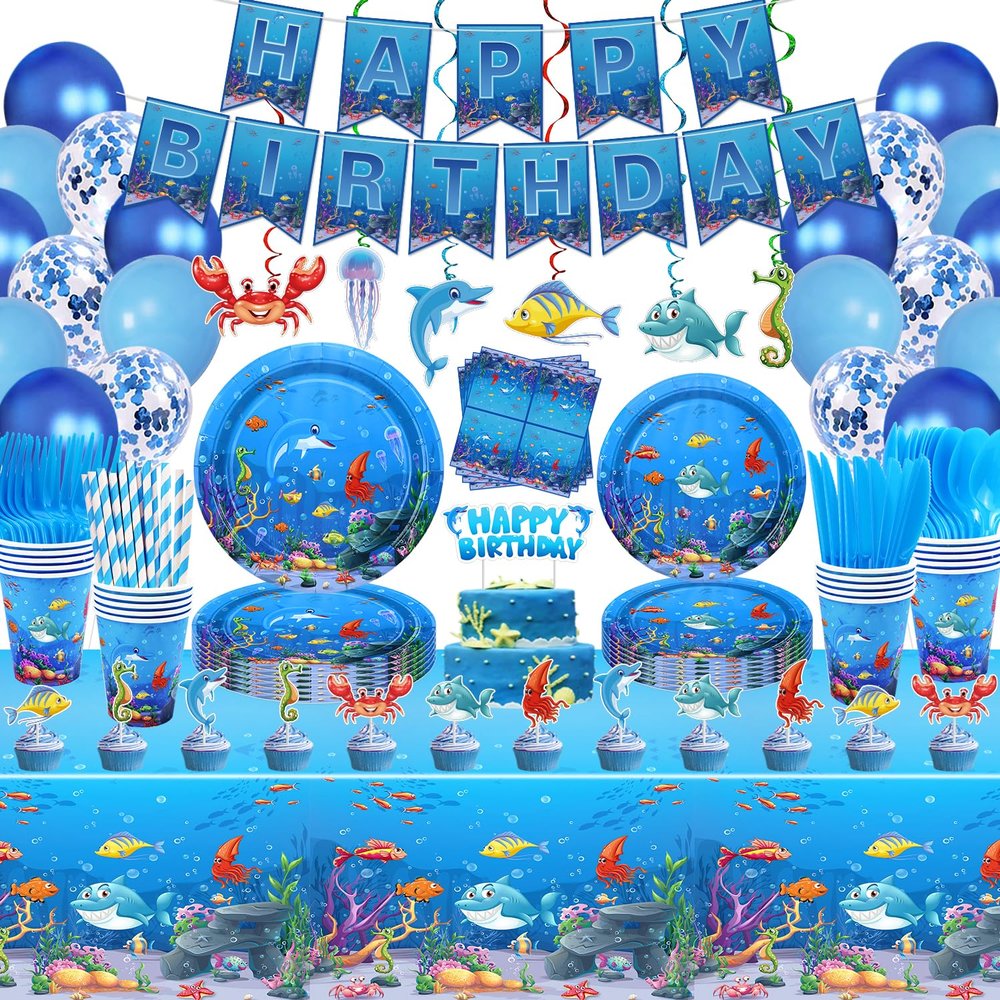 246 Pack Under the Sea Party Supplies Ocean Sea Party Tableware Set - Plates Cups Napkins Tablecloth Banner Balloons Cake Toppers for Underwater World Summer Beach Birthday Party Decorations Serves 20