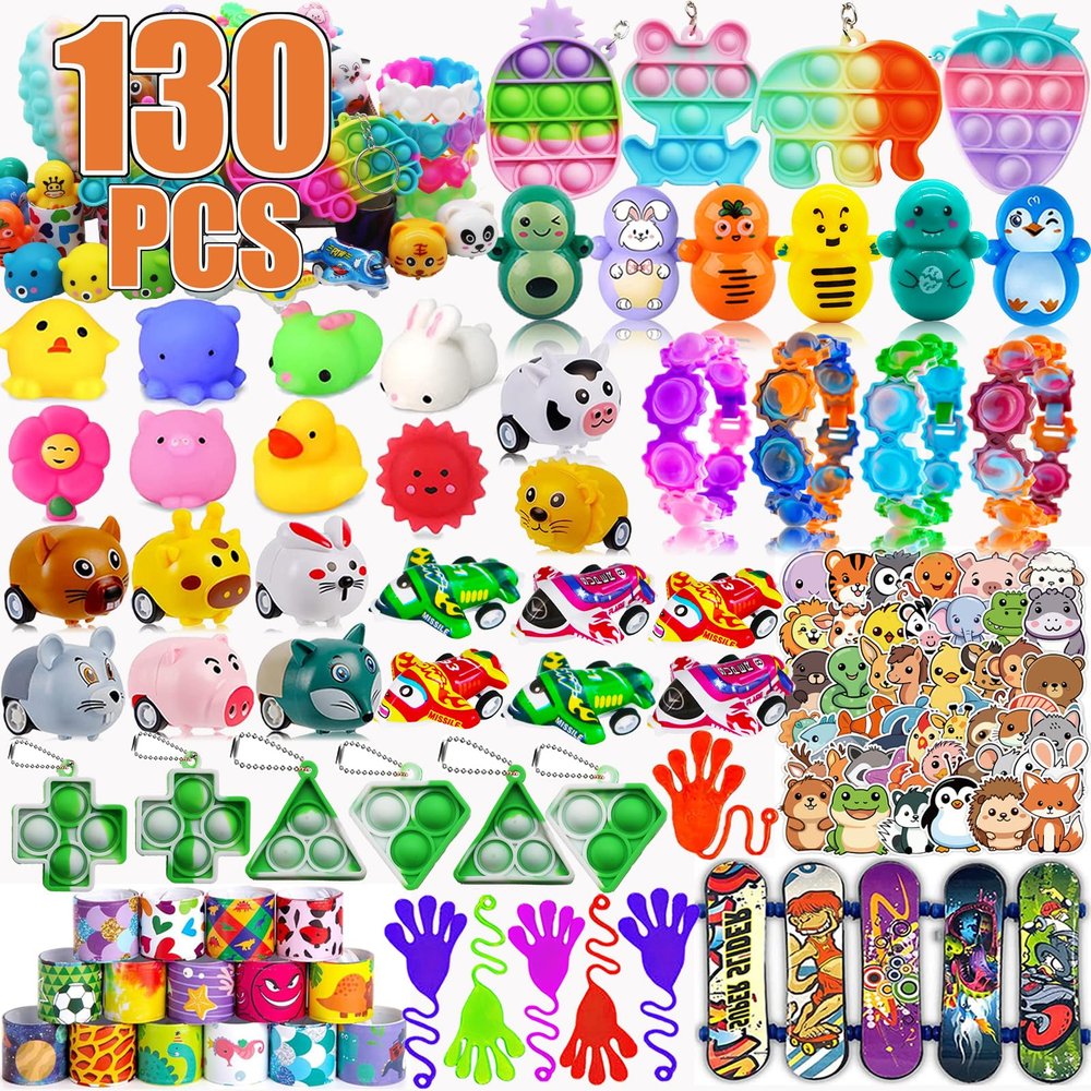 130 Pcs Party Favors for Kids, Pop Fidget Toys, Treasure Box Toys, Classroom Prizes, Pinata Filler Goodie Bag Stuffers, Treasure Chest, Carnival Prize Box Toys for Boys Girls 4-8-12