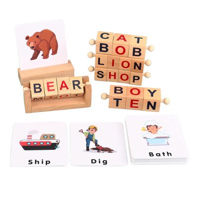 Almencla Wooden Reading Block Letter Spelling Block Easy Using Early Learning Toy Activity Game Short Vowel Rods Montessori Toy for Children's Day