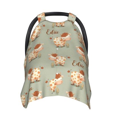 Personalized Baby Car Seat Canopy for Babies with Name, Custom Car Seat Covers for Boys Girls, Infant Opening Minky Nursing Breastfeeding Stroller Cover Carseat Canopies for Newborn (Cute Cow Floral)