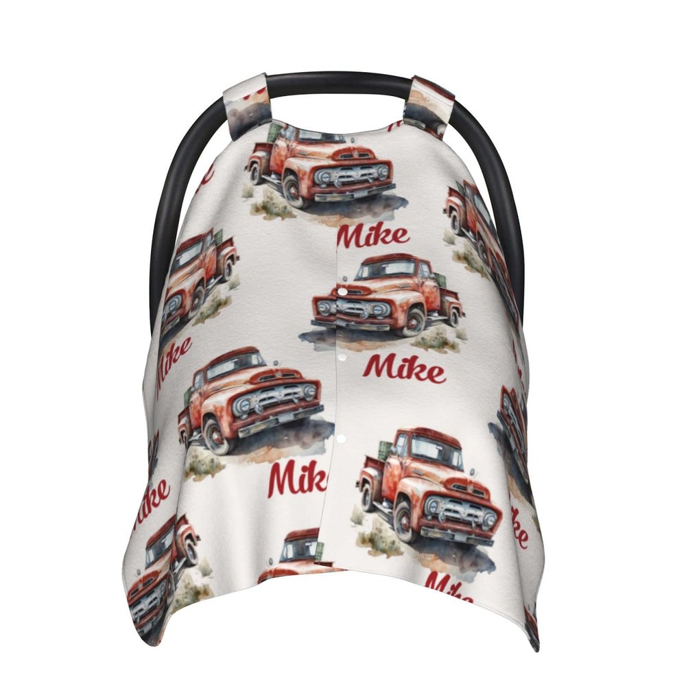 Personalized Baby Car Seat Canopy for Babies with Name, Custom Car Seat Covers for Boys Girls, Infant Opening Minky Nursing Breastfeeding Stroller Cover Carseat Canopies for Newborn (Red Truck)