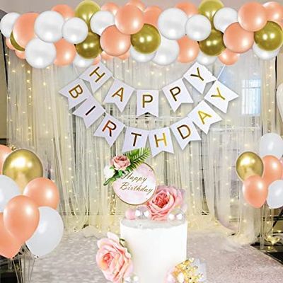 Happy Birthday Decoration Kit Combo Set Birthday Bunting White Net Metallic Confetti Balloons with Balloon Knot - 63Pcs Happy Birthday Decorations Items