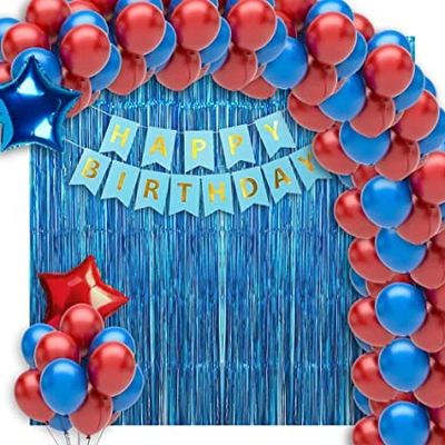Happy Birthday Decorations for Boys - Blue Red Colour Birthday Balloons for Decoration Kit, Foil Curtain, Star Foil Balloon, Happy Birthday Banner for Kids Bday -Baloons for Decor-34Pcs