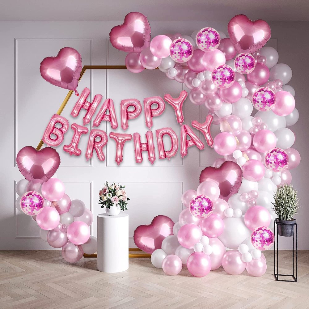 Happy Birthday Decorations for Girls Combo Kit- Pink Metallic Balloons, Letter Ballons, Foil Balloon, Confetti Ballon, Balloon Garland, Helium Balloons- Birthday Balloons for Decoration