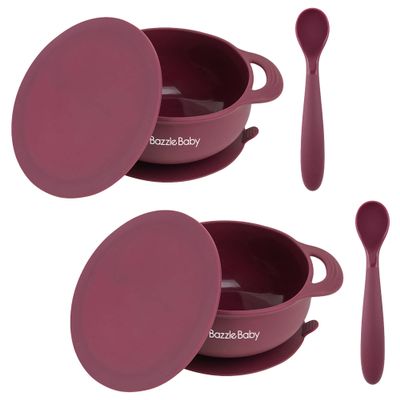 Bazzle Baby Silicone Suction Bowls with Suction with Lid and Spoon BPA Free Silicone, Baby Led Weaning, Stay Put Bowl for Toddler Kids, Bowl with Lid and Spoon 2 pack (Cran and Cran)
