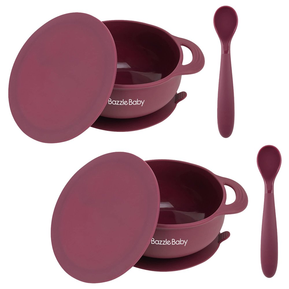 Bazzle Baby Silicone Suction Bowls with Suction with Lid and Spoon BPA Free Silicone, Baby Led Weaning, Stay Put Bowl for Toddler Kids, Bowl with Lid and Spoon 2 pack (Cran and Cran)
