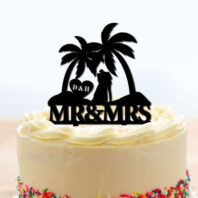 Tropical Beach Cake Toppers Personalized Mr And Mrs Wedding Cake Toppers Bride And Groom Under Palm Tree Keepsake Decoration Black Acrylic Couple Silhouette Cake Toppers with Initials