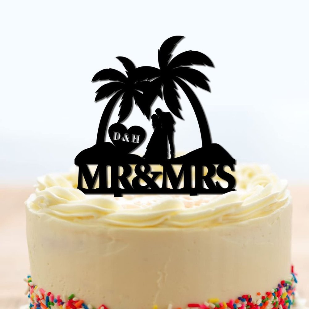 Tropical Beach Cake Toppers Personalized Mr And Mrs Wedding Cake Toppers Bride And Groom Under Palm Tree Keepsake Decoration Black Acrylic Couple Silhouette Cake Toppers with Initials