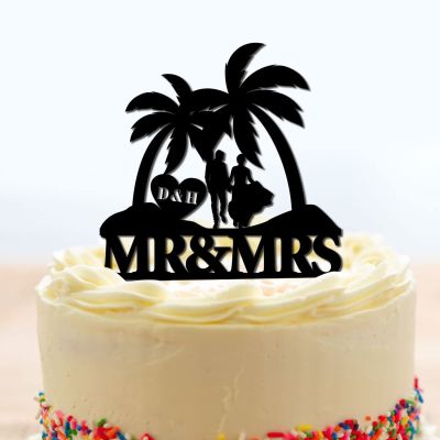 Wedding Cake Toppers Personalized Tropical Beach Cake Toppers with Initials Black Acrylic Wedding Cake Topper Mr Mrs Engagement Cake Decoration Rustic Gifts for Couple