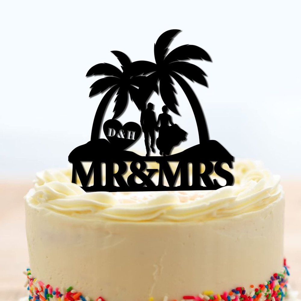Wedding Cake Toppers Personalized Tropical Beach Cake Toppers with Initials Black Acrylic Wedding Cake Topper Mr Mrs Engagement Cake Decoration Rustic Gifts for Couple