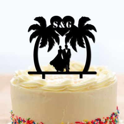 Custom Cake Toppers Palm Tree with Bride And Groom Couple Wedding Cake Toppers Tropical Beach Theme Black Acrylic Cake Topper Mr & Mrs Silhouette Wedding Keepsake Decoration with Initials