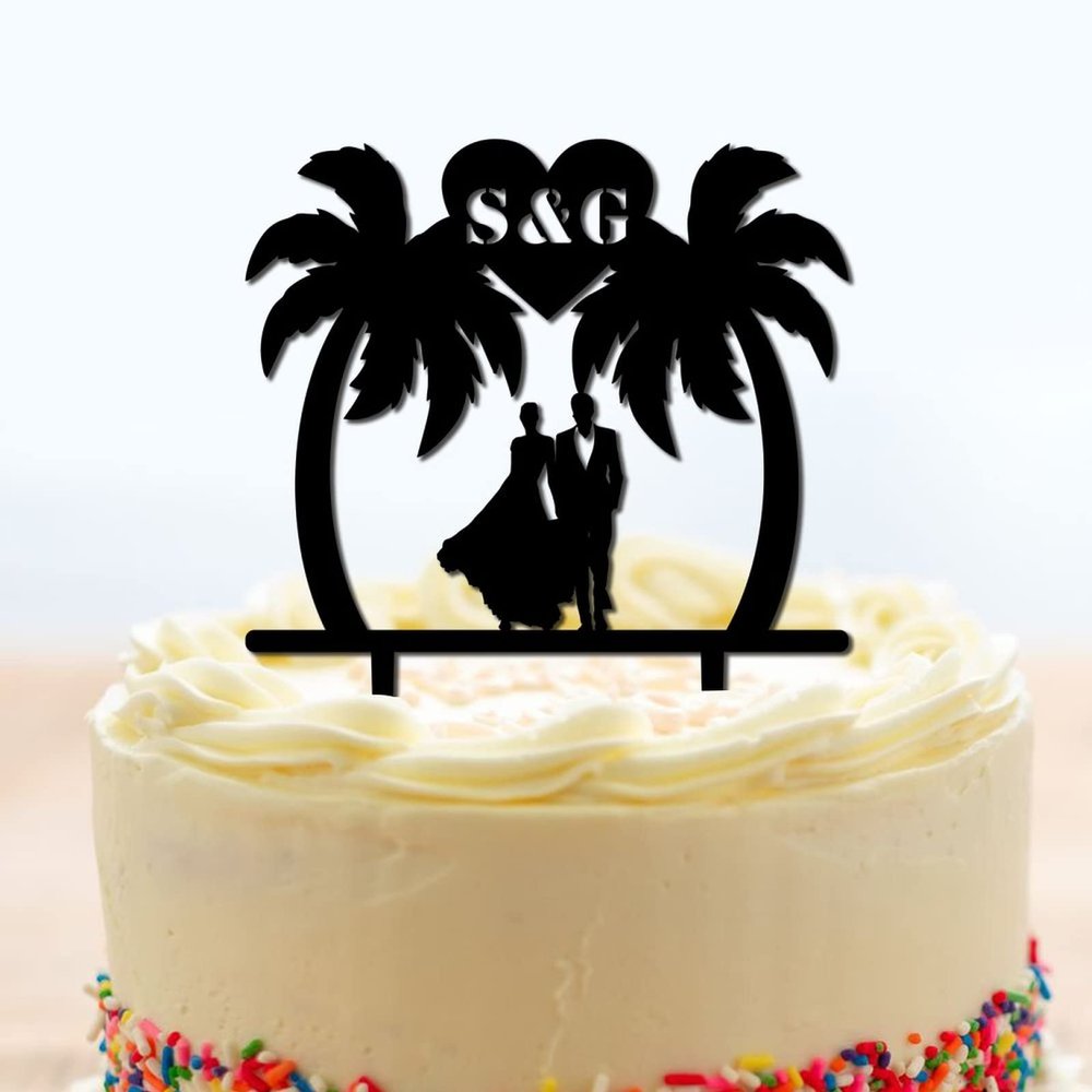 Custom Cake Toppers Palm Tree with Bride And Groom Couple Wedding Cake Toppers Tropical Beach Theme Black Acrylic Cake Topper Mr & Mrs Silhouette Wedding Keepsake Decoration with Initials