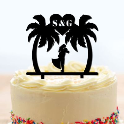 Travel Theme Wedding Cake Toppers Custom Mr And Mrs Cake Toppers Bride Groom with Palm Tree Cake Decoration Black Acrylic Couple Silhouette Cake Toppers with Initials