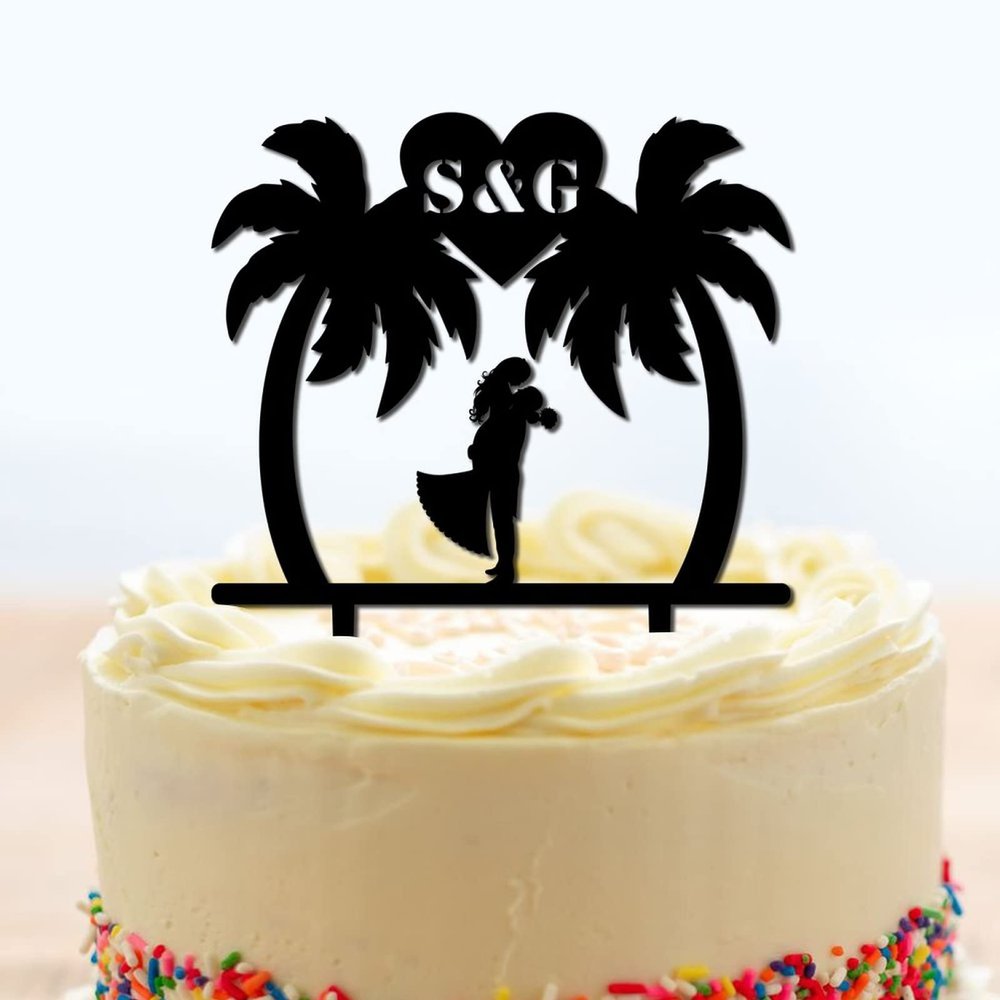 Travel Theme Wedding Cake Toppers Custom Mr And Mrs Cake Toppers Bride Groom with Palm Tree Cake Decoration Black Acrylic Couple Silhouette Cake Toppers with Initials