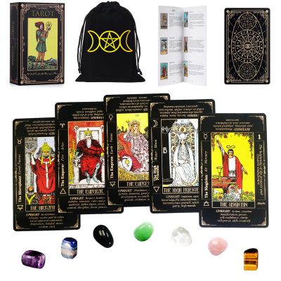 Fofeadm Tarot Cards Set with Guide Book/Linen Carry Bag/Chakra Stones, 78 Classic Original Tarot Cards Deck Fortune Telling Game with Meanings on Them for Beginners to Expert