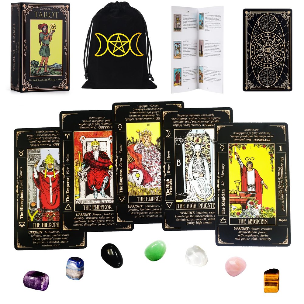 Fofeadm Tarot Cards Set with Guide Book/Linen Carry Bag/Chakra Stones, 78 Classic Original Tarot Cards Deck Fortune Telling Game with Meanings on Them for Beginners to Expert