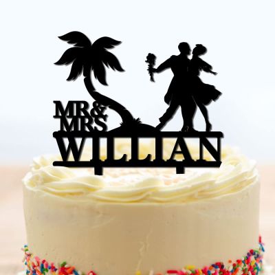 Custom Wedding Cake Toppers Bride And Groom Under Palm Tree in Beach Cake Toppers Tropical Beach Theme Black Acrylic Cake Topper Mr and Mrs Silhouette Engagement Cake Supplies with Last Name