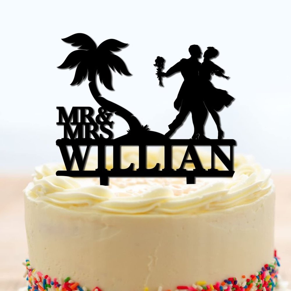 Custom Wedding Cake Toppers Bride And Groom Under Palm Tree in Beach Cake Toppers Tropical Beach Theme Black Acrylic Cake Topper Mr and Mrs Silhouette Engagement Cake Supplies with Last Name