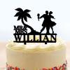 Custom Wedding Cake Toppers Bride And Groom Under Palm Tree in Beach Cake Toppers Tropical Beach Theme Black Acrylic Cake Topper Mr and Mrs Silhouette Engagement Cake Supplies with Last Name view 1