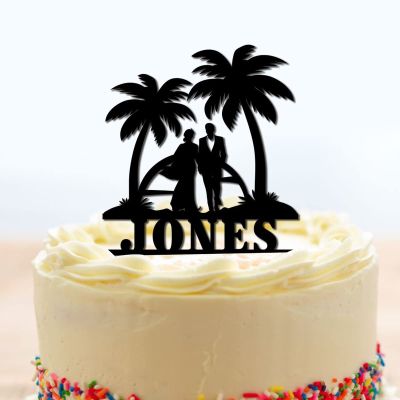 Tropical Beach Cake Toppers Personalized Mr And Mrs Wedding Cake Toppers Bride Groom with Palm Tree Keepsake Decoration Black Acrylic Couple Silhouette Cake Toppers with Last Name