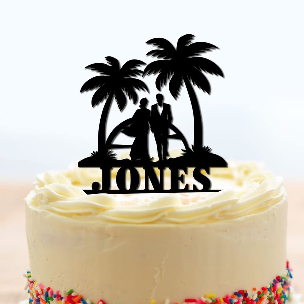Tropical Beach Cake Toppers Personalized Mr And Mrs Wedding Cake Toppers Bride Groom with Palm Tree Keepsake Decoration Black Acrylic Couple Silhouette Cake Toppers with Last Name