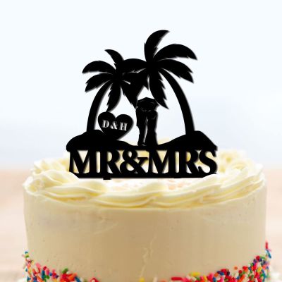 Bride And Groom Under Palm Tree Cake Toppers Mr And Mrs Silhouette Wedding Cake Toppers Custom Initials Tropical Beach Theme Wedding Cake Toppers Married Cake Decoration for Party