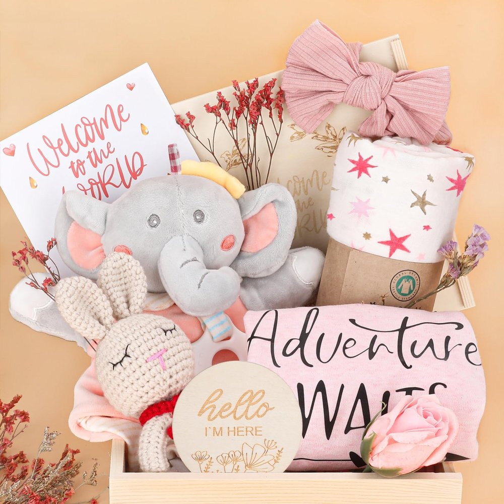 Baby Girl Gifts,Baby Shower Gifts for Girls,New Born Baby Girls Gift,Baby Girl Gift Basket,Unique Baby Gift Essential,Gender Reveal Gifts,Rattle Swaddle Blanket Baby Girl Gifts