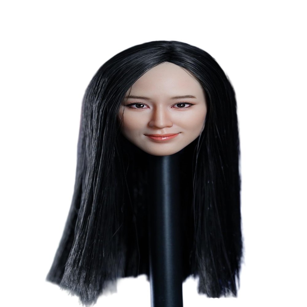 1/6 Scale Female Head Sculpt, Asian Girl Smile Face Black Straight Hair Head Carved for 12inch Female PH TBL JO Action Figure Body Collection
