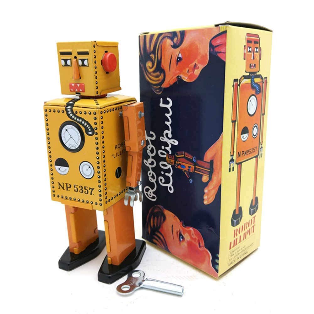 Charmgle Vintage Tin Toy Clockwork Walking Robot Spring Wind-up Toys Christmas Stocking Stuffers Party Favor Adult Gifts Medium (Yellow)