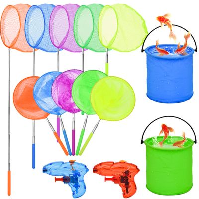 14Pack Telescopic Butterfly Nets Foldable Buckets and Water Gun Set Colorful Fishing Bugs Nets Outdoor Tools for Catching Insect