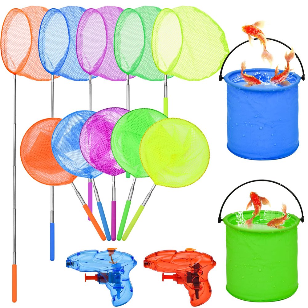 14Pack Telescopic Butterfly Nets Foldable Buckets and Water Gun Set Colorful Fishing Bugs Nets Outdoor Tools for Catching Insect