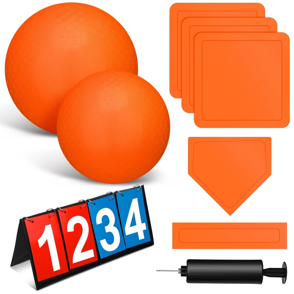 Jenaai 9 Pcs Sports Kickball Set Include 2 Pieces Kickball 5 Pieces Bases Flip Scoreboard and Pump Basketball Football Baseball Tennis Sport(10 Inch, 8.5 Inch,Orange)
