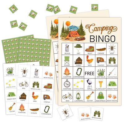 RLCNOT Camping Bingo Game, 24 Players Bingo Game, for Adults Summer Camping Party Bridal Shower Birthday Party, Outdoor Indoor Hiking, Trip Family Holiday Party, Reception Activity Supplies - 010