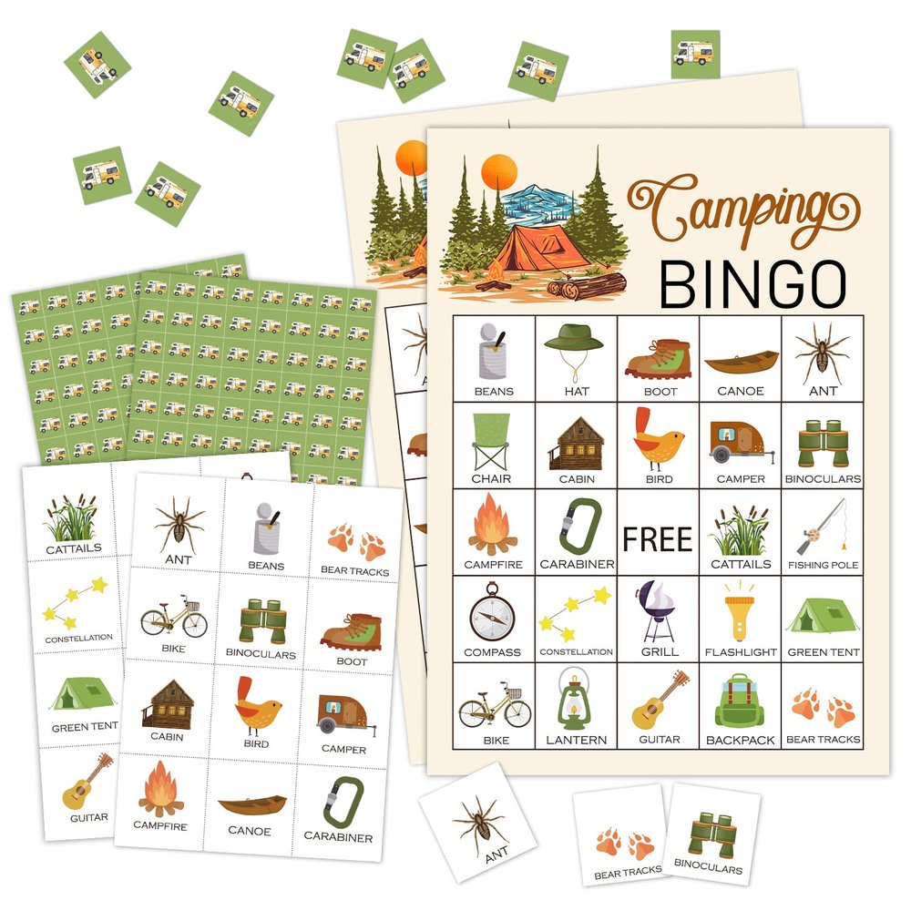 RLCNOT Camping Bingo Game, 24 Players Bingo Game, for Adults Summer Camping Party Bridal Shower Birthday Party, Outdoor Indoor Hiking, Trip Family Holiday Party, Reception Activity Supplies - 010