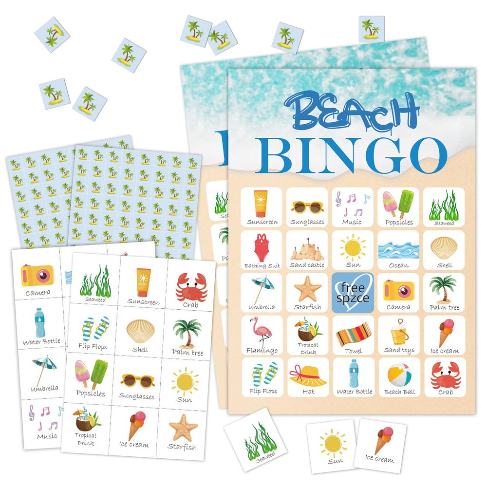 RLCNOT Beach Bingo Game, 24 Player Bingo Game for Teenagers, Summer Beach Party, Bridal Shower, Birthday Party, Hiking, Trip, Family Holiday, Reception Activity Supplies - 009