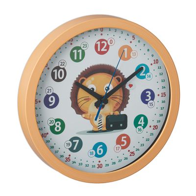 Relaxdays Children's Wall Clock, Diameter 30 cm, Children's Room Clock Lion Colourful Numbers, Learning Time, Learning Clock Boy and Girl, Yellow