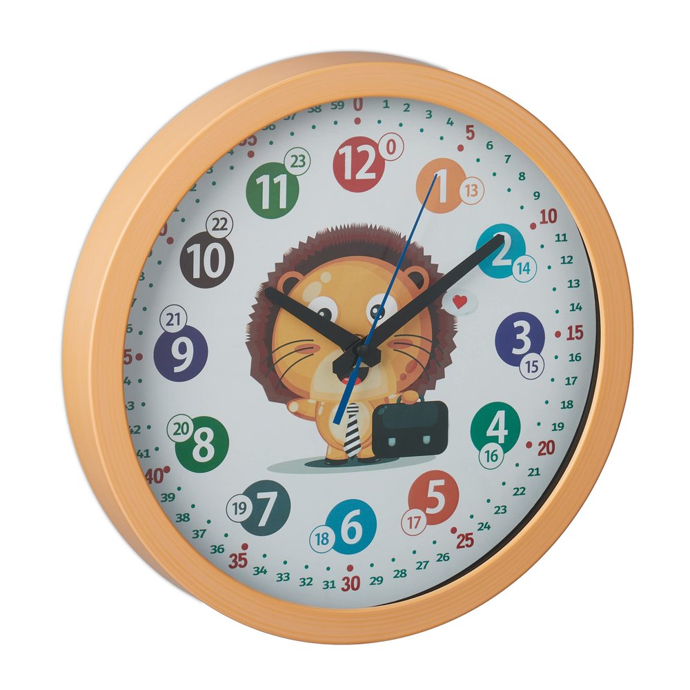 Relaxdays Children's Wall Clock, Diameter 30 cm, Children's Room Clock Lion Colourful Numbers, Learning Time, Learning Clock Boy and Girl, Yellow