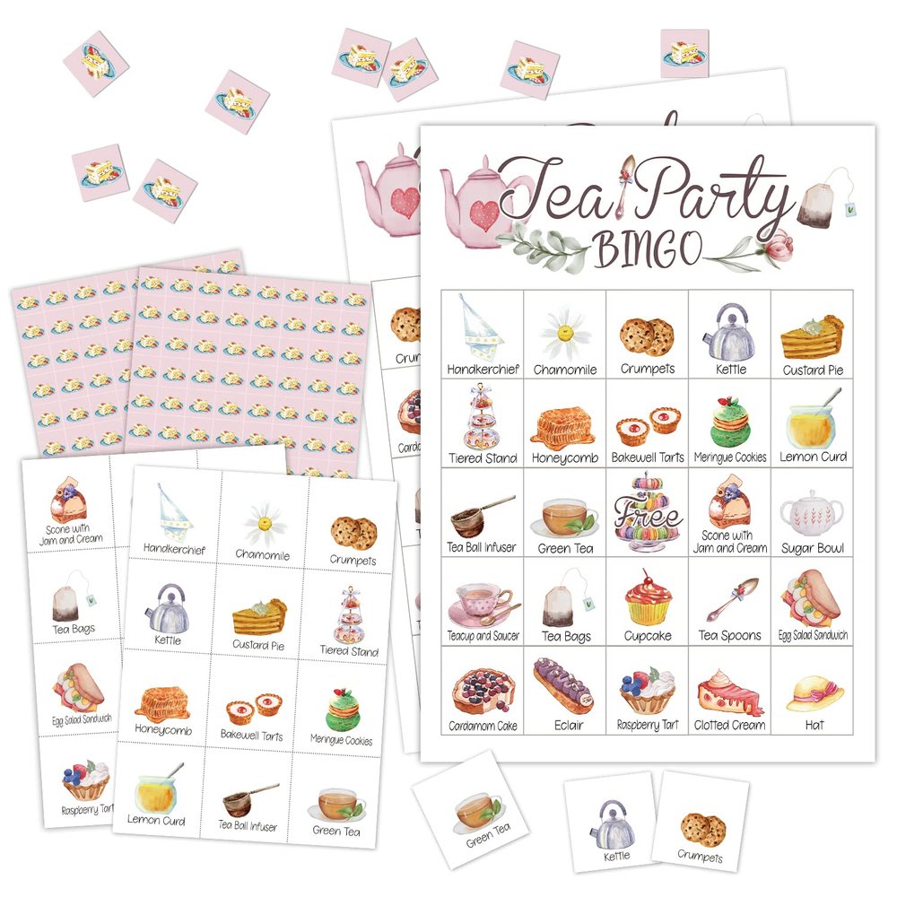 RLCNOT Tea Party Bingo Game, 24 Players Bingo Game for Adult Party, Birthday Party Garden Tea Bridal Party, Reception Activity Supplies - 007