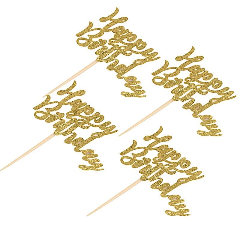 24 Gold Glittered Happy Birthday Cake Cupcake Toppers Party Reception Catering Accessories Craft Decorations Supplies