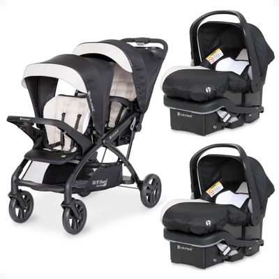 Baby Trend Sit N' Stand Tandem Double Stroller w/ 2 Pack EZ-Lift Plus Infant Car Seats, Khaki