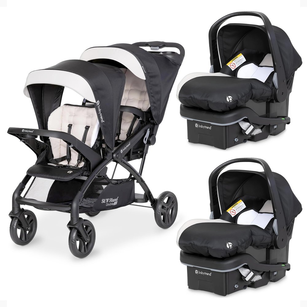 Baby Trend Sit N' Stand Tandem Double Stroller w/ 2 Pack EZ-Lift Plus Infant Car Seats, Khaki