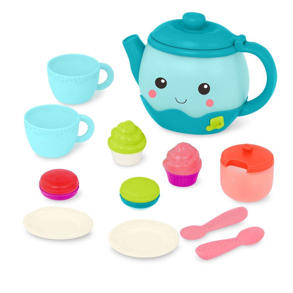 B. toys Toy Tea Set 17 Pieces Playset Sounds & Lights Shape Sorting Desserts 18+ Months Musical Tea Party