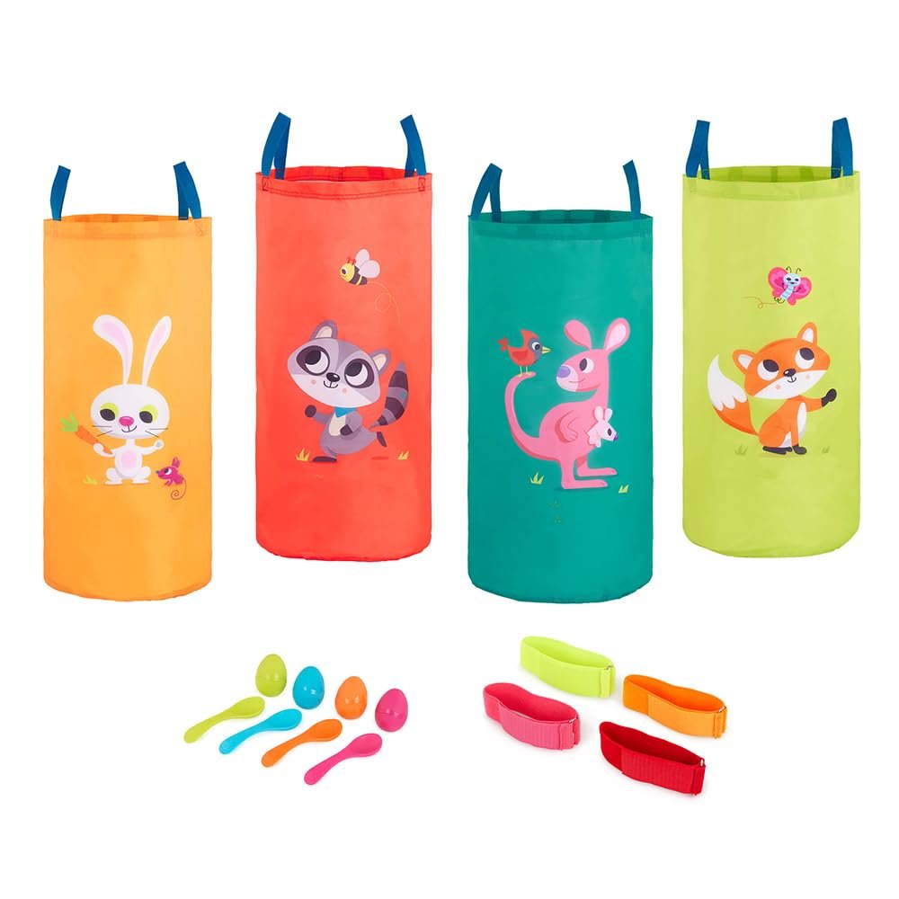 B. toys  3 Outdoor Games for Kids  Racing Sacks & 3  Legged Race Bands  Egg  and  Spoon Game  Birthday Party Games  5 Years +  Outdoor Games Galore