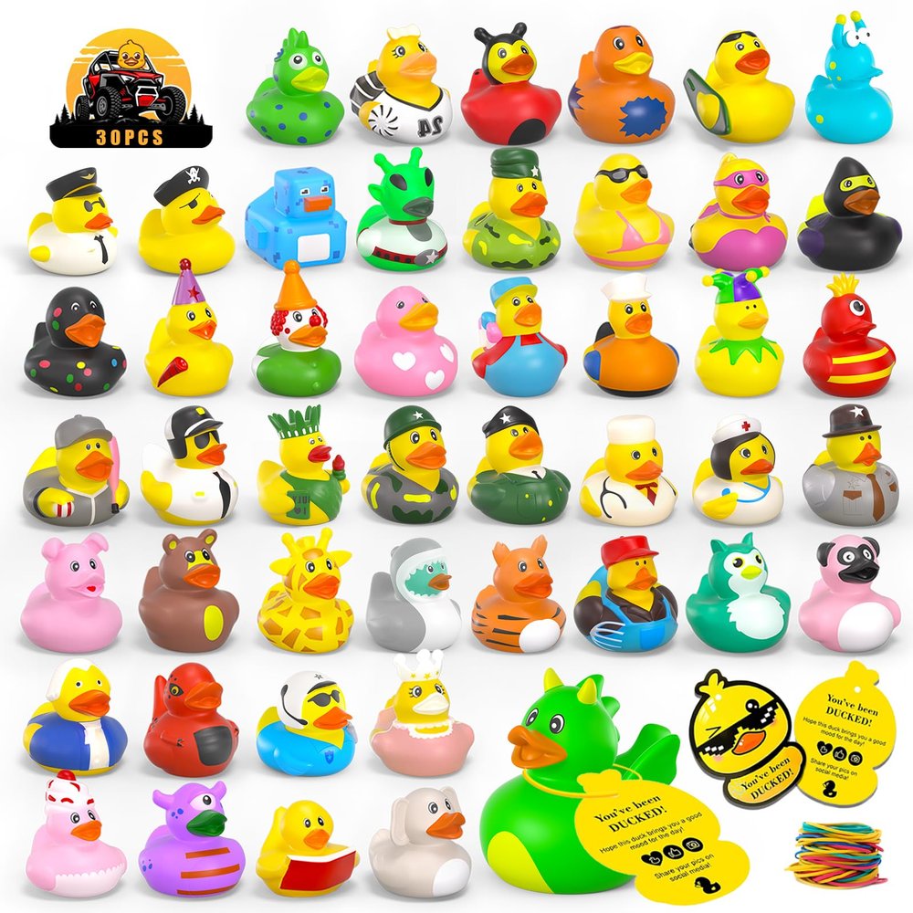 30 Pcs Rubber Ducks with Tags for Ducking,30 Mini Ducks+30 Tags+30 Straps,Toddler Baby Bath Toys Party Favors