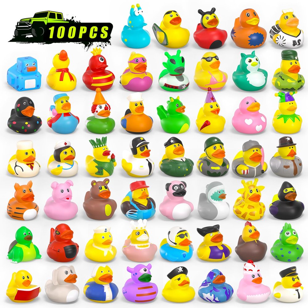 100 Pcs Rubber Ducks in Bulk, Assortment Jeep Ducks for Jeeps Ducking, Toddler Baby Bath Toys Summer Party Favor