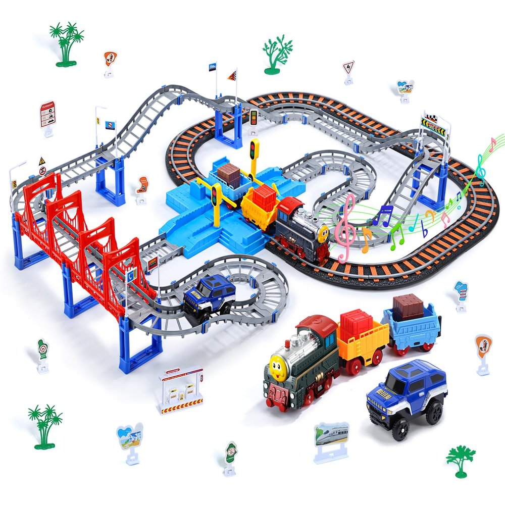 CUTE STONE Toy Train Set for Toddler, Train Track Set with Cars, Electric Train with Realistic Sound, Train Track Playset for 3 4 5 Years Old Girls Boys