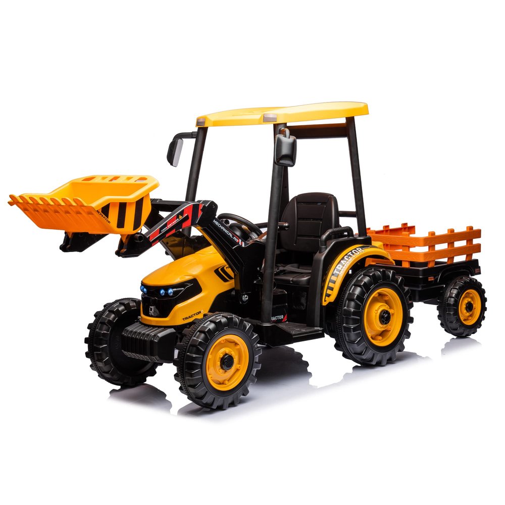 Kidsera 24V Kids Ride on Tractor with Trailer & Front Loader, 3 In1 Tractor 4-Gearbox 24volt Dual Motors Metal Frame, 24V Ride on Toys for Big Kids, Power Wheels Kids Electric Vehicles (Yellow)
