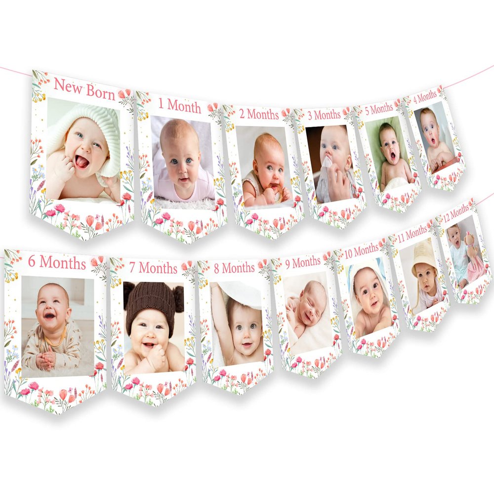 Fangleland Wildflower Theme 1st Birthday Photo Banner from Newborn to 12 Months for Girls, Growth Record Monthly Milestone Picture Banner First Birthday Party Decorations for 1 Year Old Girl