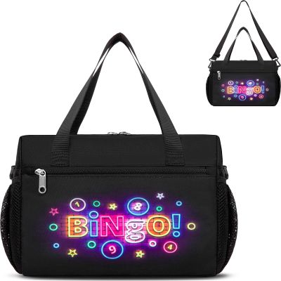FOKDUVB Bingo Bag for Daubers Dabbers Dobbers Dotters Water Resistant Bingo Accessories Bag with Pockets for Adults Seniors (Black)