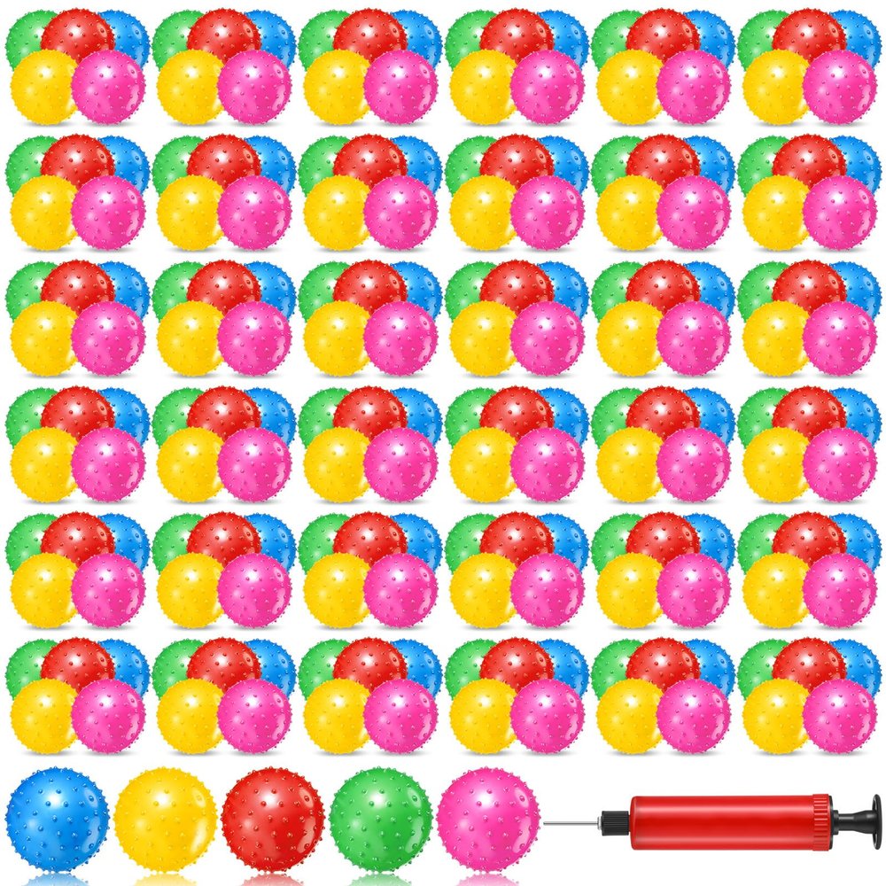 Lenwen 200 Pcs Knobby Balls 6.3 Inch Soft Bouncy Balls Bulk Inflatable Sensory Toys with Air Pump Spiky Massage Stress Toys Bouncy Party Favor for Kids Baby Toddlers Playground Backyard Pool, 5 Color